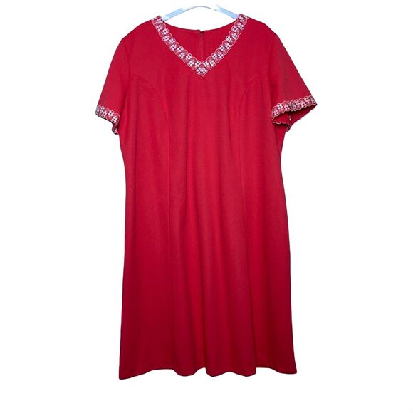 Vintage 60s Sz 16 Coral Orange Shift Dress White Sequins Mod MCM Plus True VTG - Picture 1 of 6